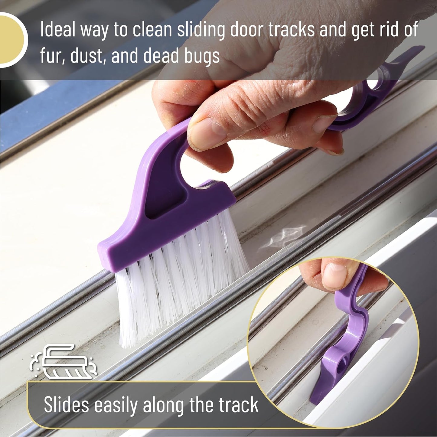 Slick- Window Track Cleaning Brush, 2 Pack, Blue Ergonomic Handle | Built-in Scraper, Multipurpose Window Track Cleaning Tool for Sliding Doors, Windows, Corners, Dust, Dirt & Narrow Gaps
