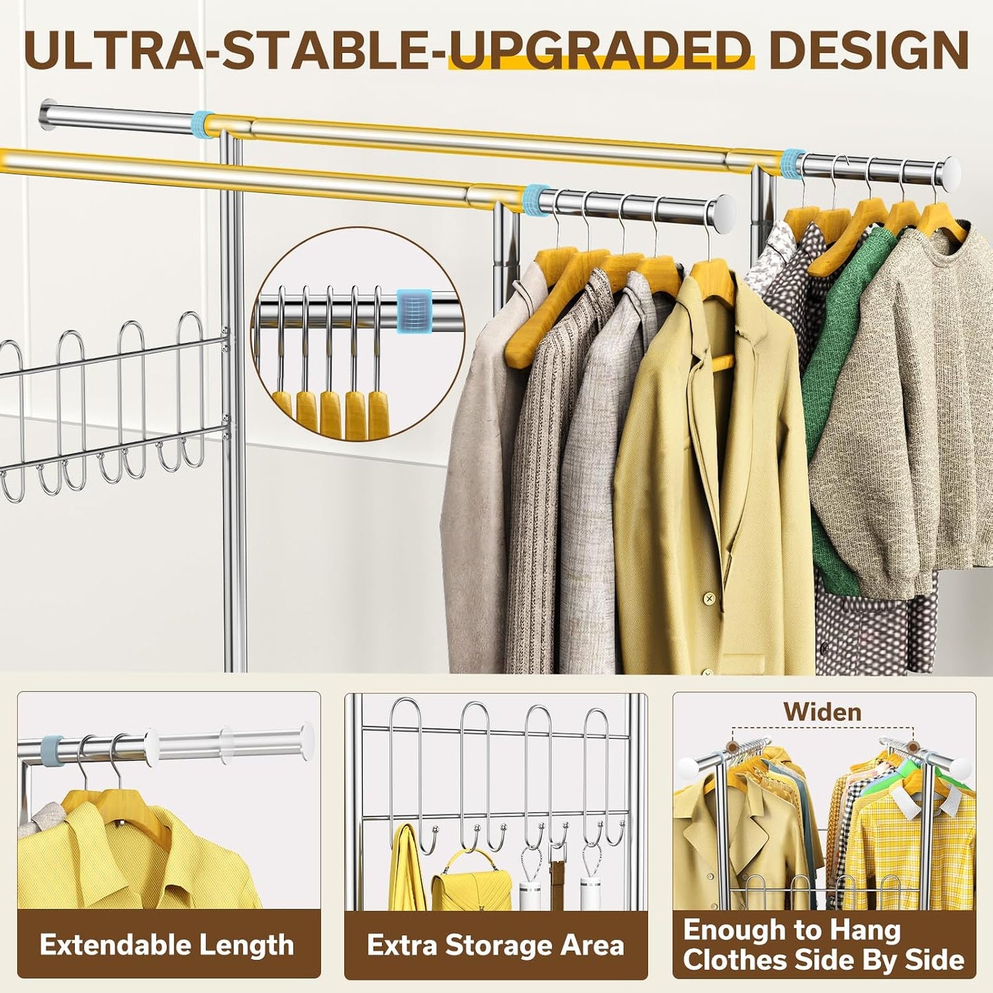 Upgraded 100% Stainless Steel Clothing Rack Load 760LBS, Heavy Duty Clothes Racks with Larger & Sturdy Wheel, Extendable & Adjustable Rolling Garment with Shelves for Hanging Portable Closet Rack