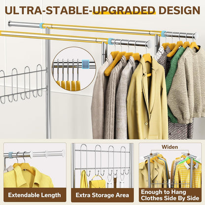 Upgraded 100% Stainless Steel Clothing Rack Load 760LBS, Heavy Duty Clothes Racks with Larger & Sturdy Wheel, Extendable & Adjustable Rolling Garment with Shelves for Hanging Portable Closet Rack