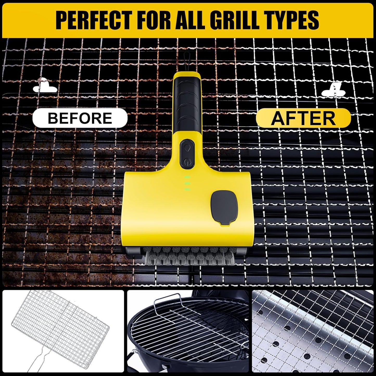 2 in 1 Electric Grill Brush, 2600mAh Rechargeable Barbecue Grill Cleaner with 2 Brush Heads, 360° Rotating Cleaning Brush Grill Accessories