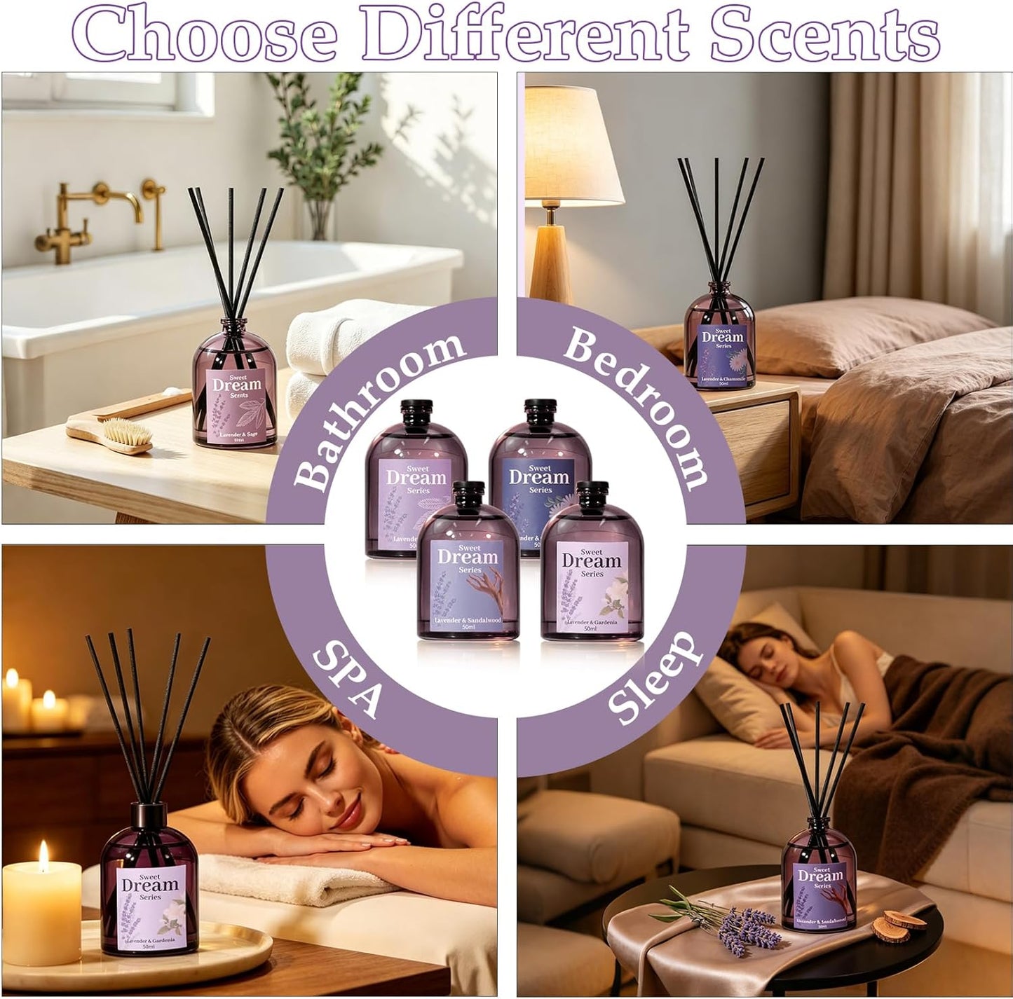 STRN Reed Diffuser Sets, Lavender Scented Oil Diffuser, Fragrance Reed Diffuser with 24 Sticks, 6.8 Fl.oz (200ml), 4 Scents Long-Lasting Air Freshener for Bedroom Bathroom Home Décor