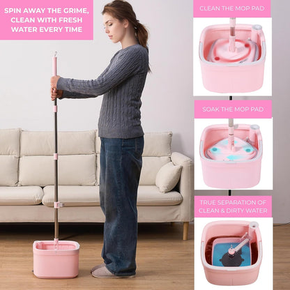 TRUE & TIDY Square Spin Mop & Bucket System – Dual Chamber for Clean & Dirty Water, 360° Rotating Self-Wringing Mop with Built-in Scrub Brush, Stainless Steel Handle & 2 Reusable Microfiber Mop Pads
