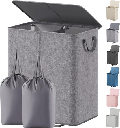 Lifewit Double Laundry Hamper with Lid and Removable Laundry Bags, Large Collapsible 2 Dividers Dirty Clothes Basket with Handles for Bedroom Laundry Room Closet Bathroom College, 136L Beige