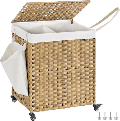 SONGMICS Laundry Hamper with Lid, 37 Gallons (140 L), Rolling Laundry Basket with Wheels, 3-Section Synthetic Rattan, Removable Liner, Bedroom, 26 x 13 x 26 Inches, Gray ULCB363G01