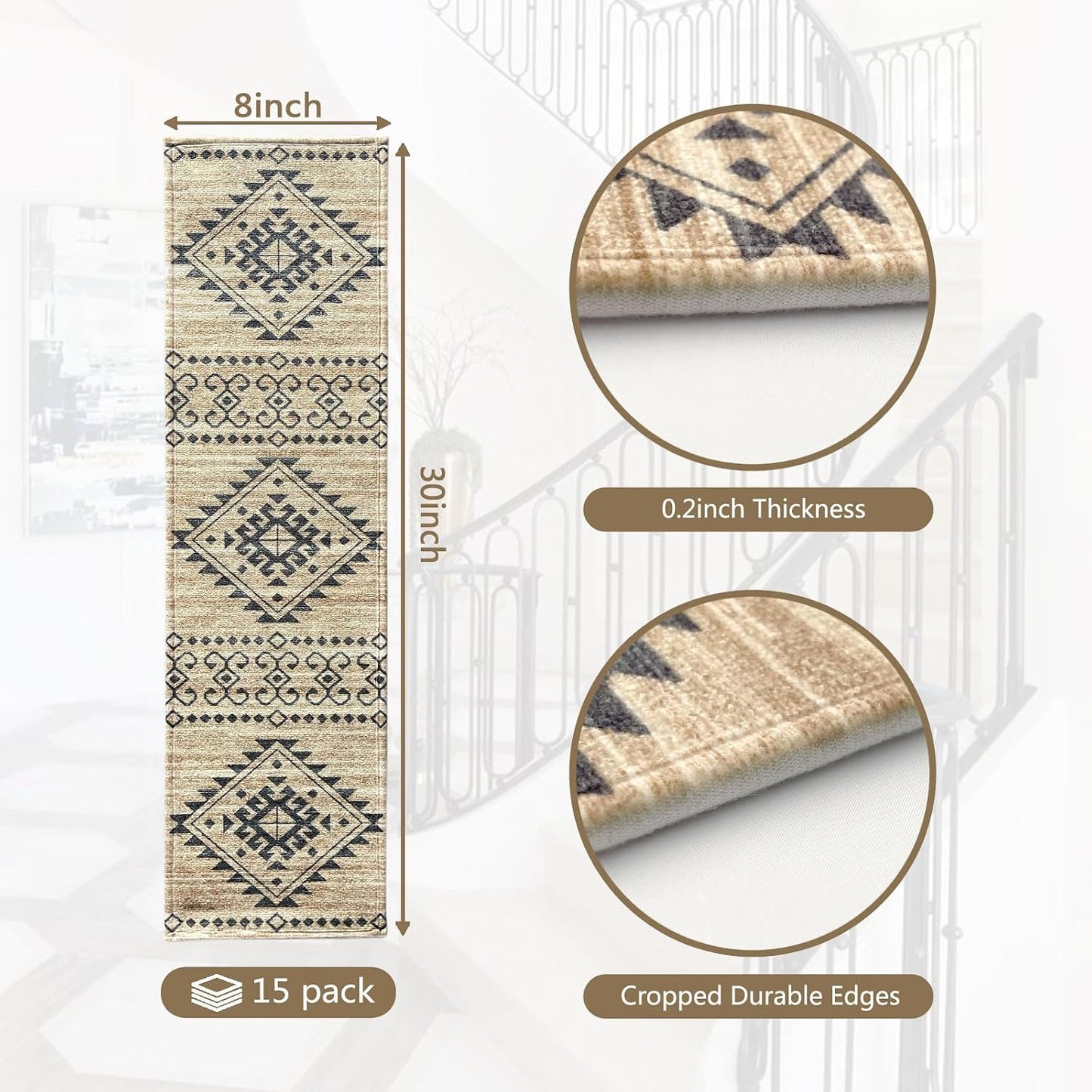 Stair Treads for Wooden Steps, Non Slip Stair Treads Carpet Indoor Residue Free Peel and Stick Washable Stair Covers, Safe for Dogs Kids Elders, Moroccan Beige, 8x30 inch, 1 Pack