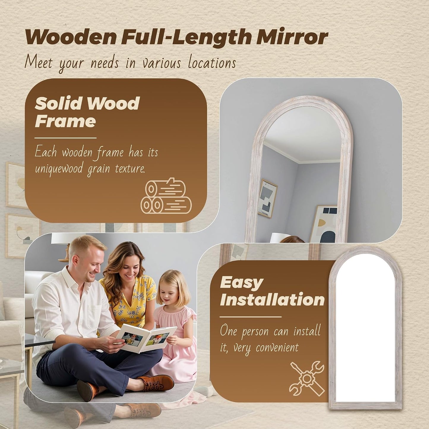 Antok Full Length Mirror with Solid Wood Frame, 71"×32" Wall Mounted Oversized Floor Mirror with Stand, Leaning Standing Hanging for Bedroom Living Room Entryway, Walnut, Arched Syle