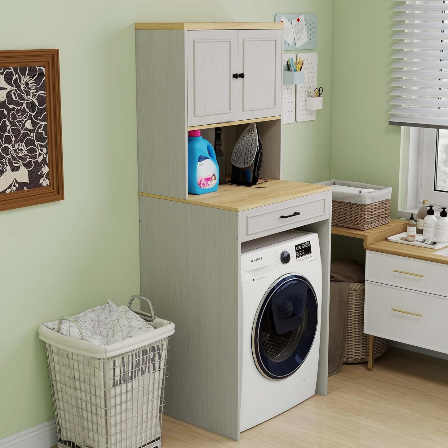 Laundry Room Storage Cabinet with Doors, Washer Dryer Countertop with Shelf & Laundry Basket, Over The Washer and Dryer Storage Shelf Cabinet for Bathroom, Easy Assembly (Large)