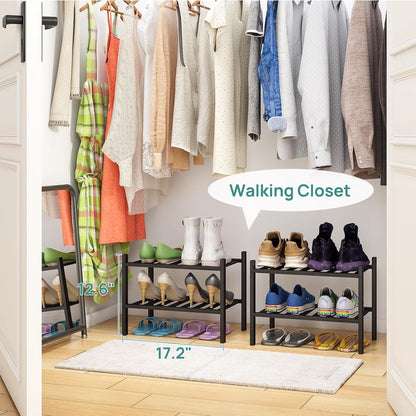 viewcare 3-Tier Black Bamboo Shoe Rack for Entryway, Stackable | Foldable | Natural, Shoe Shelf Storage Organizer for Hallway Closet, Free Standing Shoe Racks for Indoor Outdoor