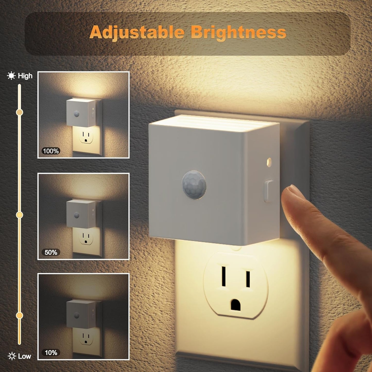JandCase Motion Sensor Night Light, 2 Pack Motion Activated Night-Lights, 3000K Warm White LED Night Lights Plug into Wall, 30/60LM Adjustable Brightness, for Kids Adults Bathroom Bedroom