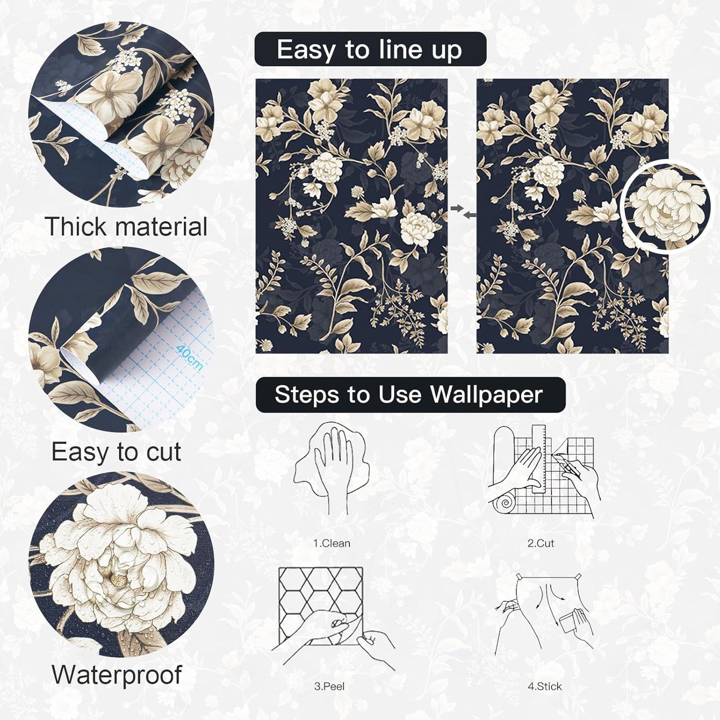 Dimoon 17.3" X 78.7" Peel and Stick Wallpaper Floral Contact Paper Boho Beige White Renter Friendly Natural Wall Paper Waterproof Removable Self Adhesive Wallpaper for Bedroom Livingroom Vinyl Roll