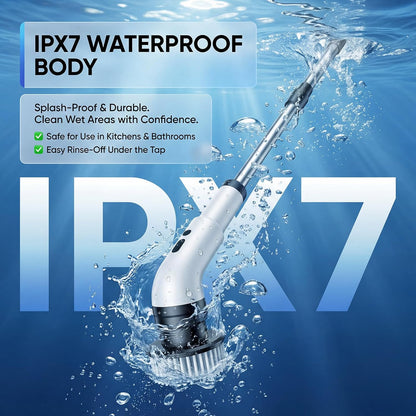 Electric Spin Scrubber, Cordless Power Scrubber for Bathroom/Shower/Tub/Tile & Grout, 9 Brush Heads, Dual-Speed, Adjustable Extension Handle, IPX7 Waterproof, USB-C Rechargeable Cleaning Tool (White)