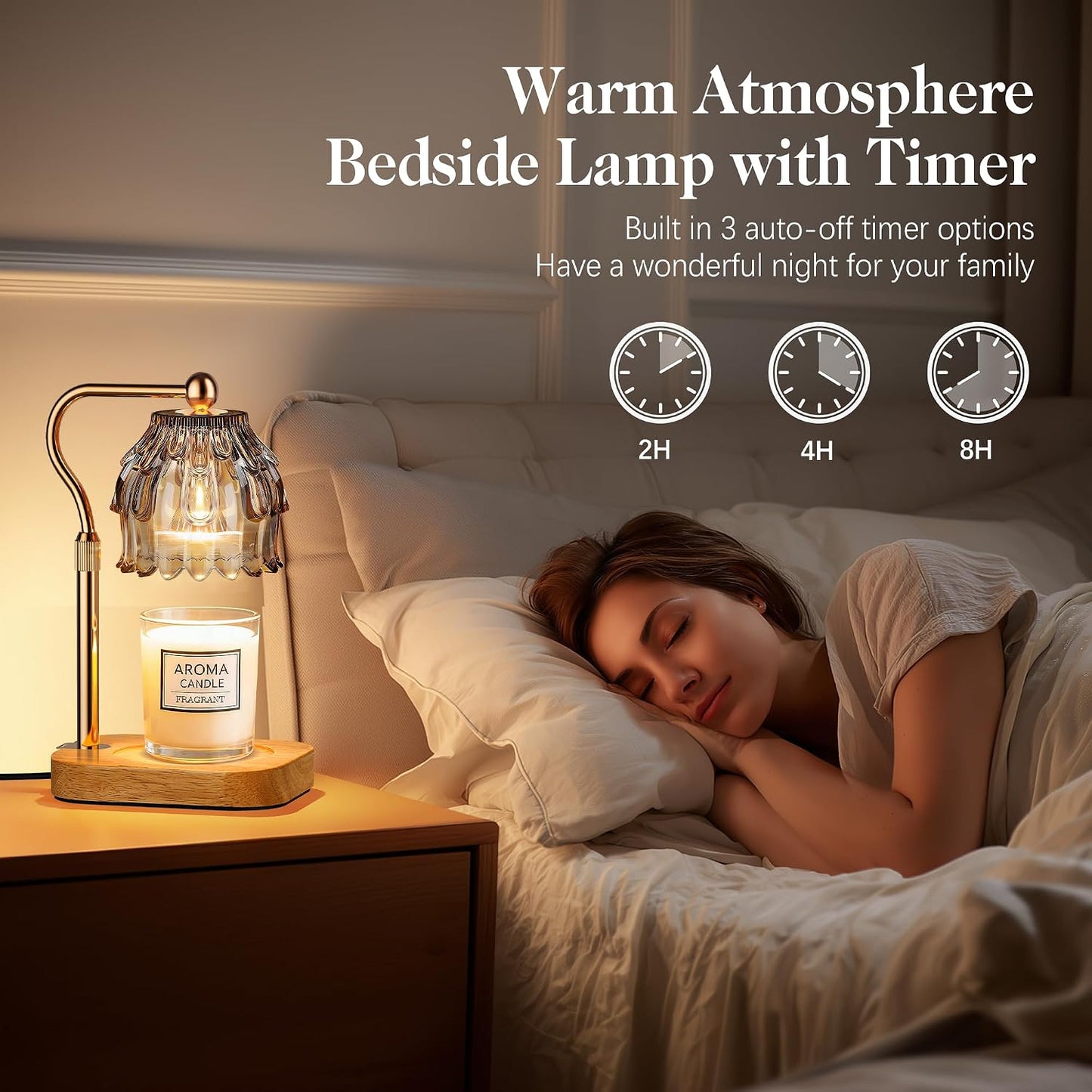 Candle Warmer Lamp with Timer Dimmer, Modern Wax Warmer for Scented Wax Jar Candle Warmer with 2 Bulbs, Adjustable Height Glass Lamp for Gifts for Women, Home Decor, Gold Amber