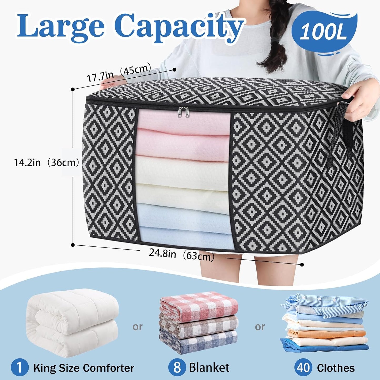 StorageTastic Direct 100L, 3 Pack, Storage Containers, Large Clothes Storage Bins Foldable Organization and Storage Bags with Reinforced Handle, Clear Window for Bedding, Blankets, Clothing, Grey