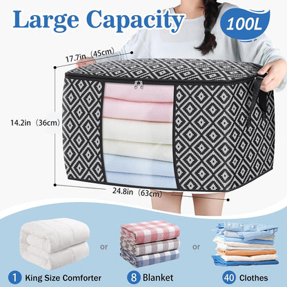 StorageTastic Direct 100L, 3 Pack, Storage Containers, Large Clothes Storage Bins Foldable Organization and Storage Bags with Reinforced Handle, Clear Window for Bedding, Blankets, Clothing, Grey