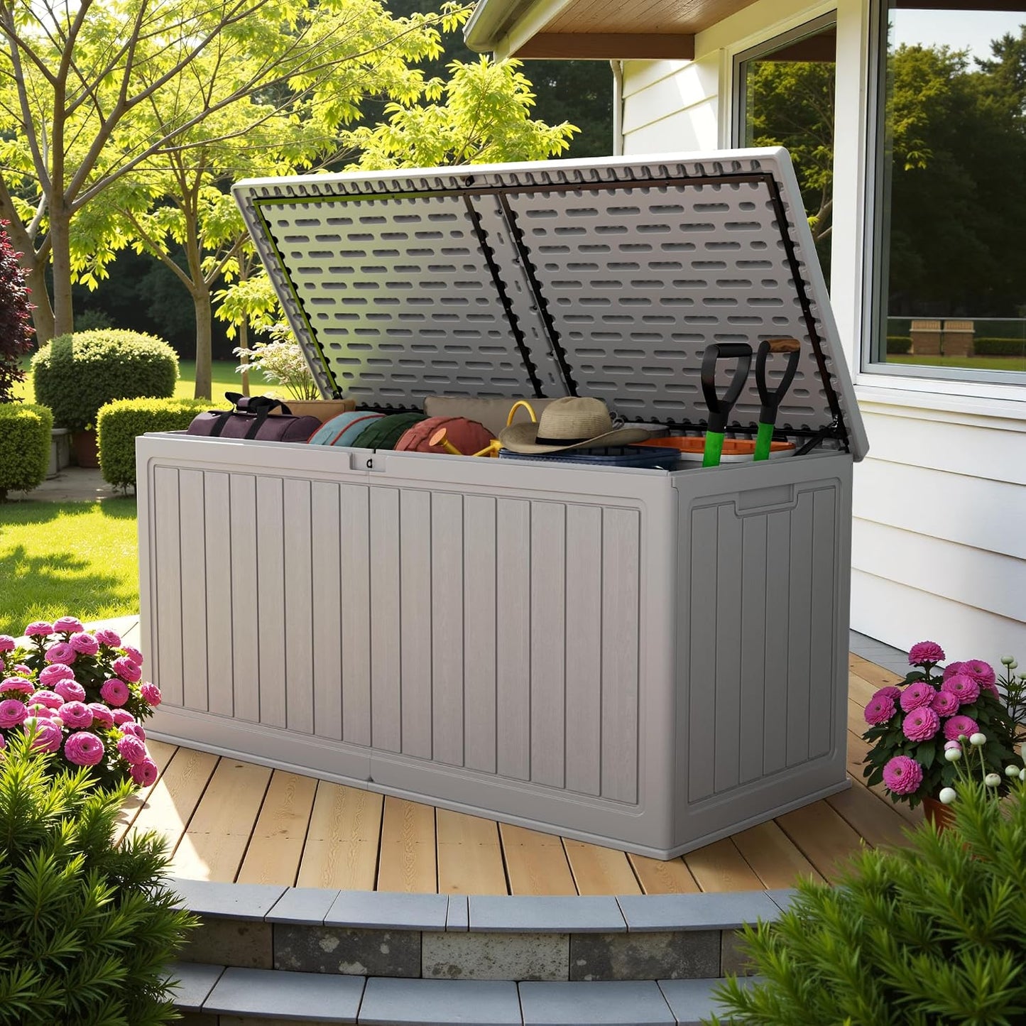 Devoko 30 Gallon Resin Deck Box Waterproof Outdoor Storage Box for Patio Furniture Pool Accessories Indoor Storage for Cushion Garden Tools (30 Gallon, Black)