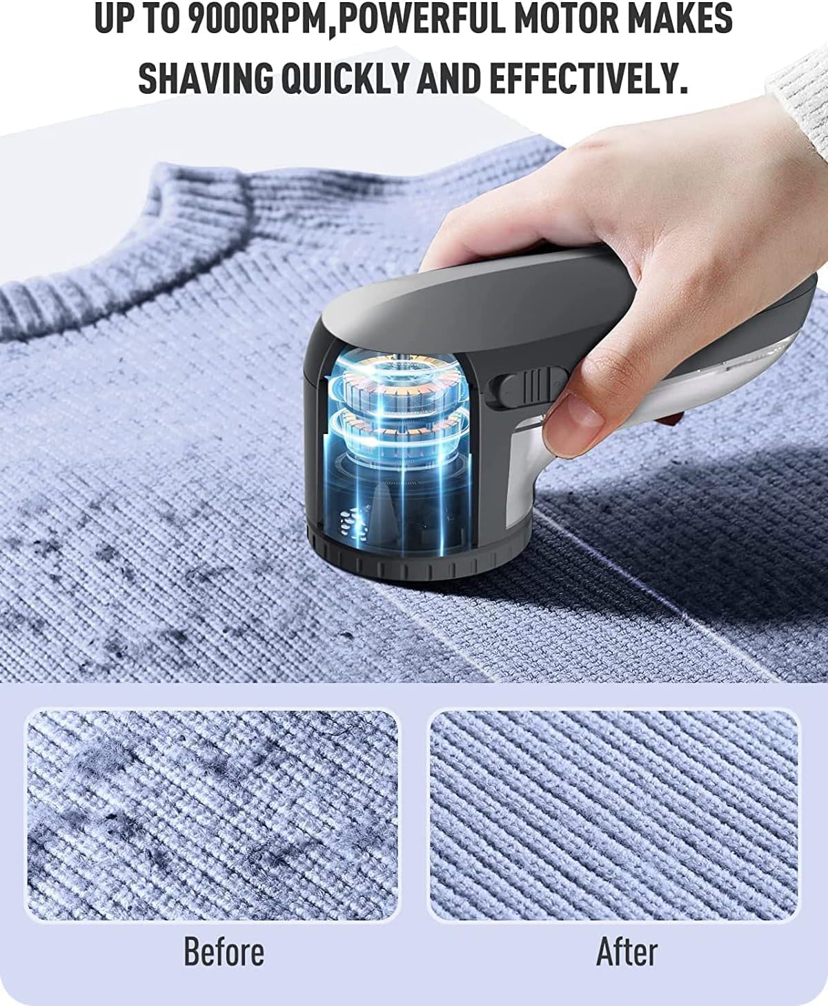 Ruidla Fabric Shaver Lint Shaver Defuzzer, Electric Lint Remover, Rechargeable Sweater Shaver with Replaceable Stainless Steel 3-Leaf Blades, Dual Protection, Removable Bin, (Micro-b Charging)