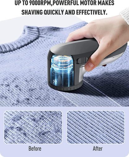 Ruidla Fabric Shaver Lint Shaver Defuzzer, Electric Lint Remover, Rechargeable Sweater Shaver with Replaceable Stainless Steel 3-Leaf Blades, Dual Protection, Removable Bin, (Micro-b Charging)