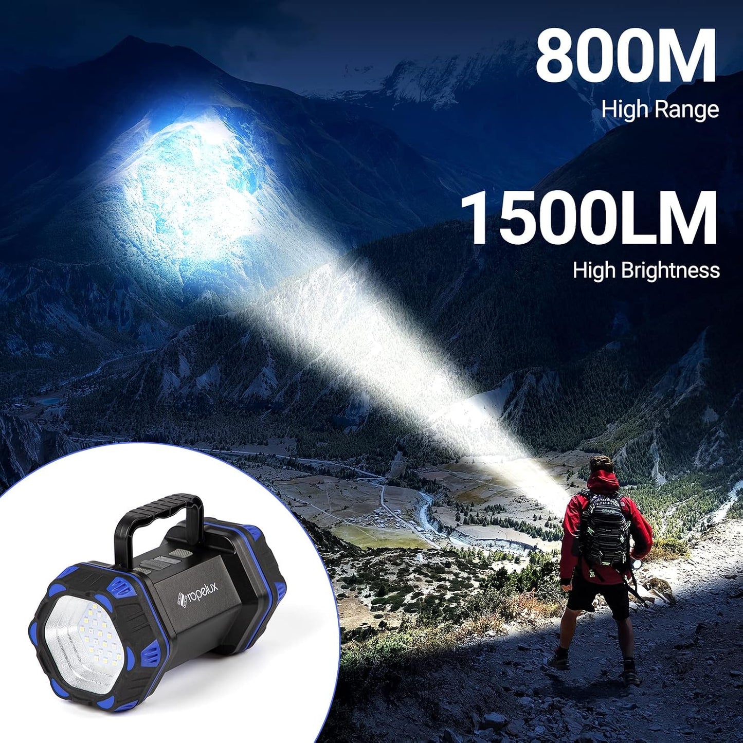 Led Camping Lantern Rechargeable, Camping Flashlight 1500LM, 8 Light Modes, Camping Lights 4800 Capacity, Portable Bright Flash Light for Emergencies, Power Outages, Hurricane, Hiking (Blue 1PACK).