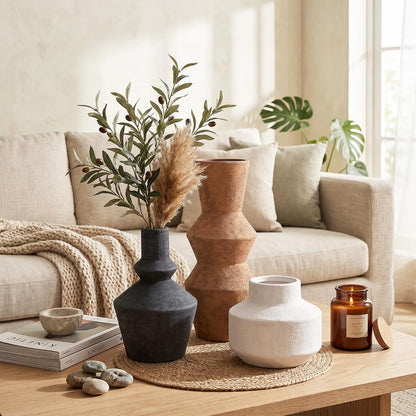 DREAMLOOM Ceramic Vase Set of 3, Modern Rustic Flower Vases for Pampas Grass, Dried & Fresh Flowers, Farmhouse Home Decor Vase for Living Room Bedroom Kitchen Shelf Centerpiece, Classic