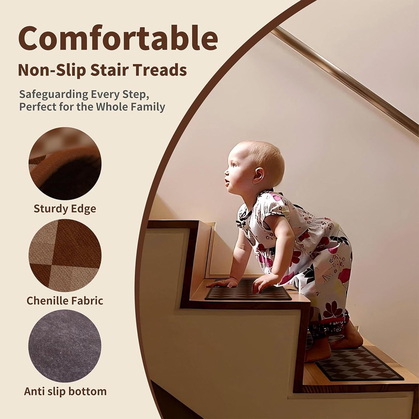 Non-Slip Carpet Stair Treads 15PCS, 8"x30" Peel and Stick Stair Runner for Wooden Steps Indoor, Washable Reusable Adhesive Backing, Pet-Friendly Safety Mats for Kids, Elders, Dogs