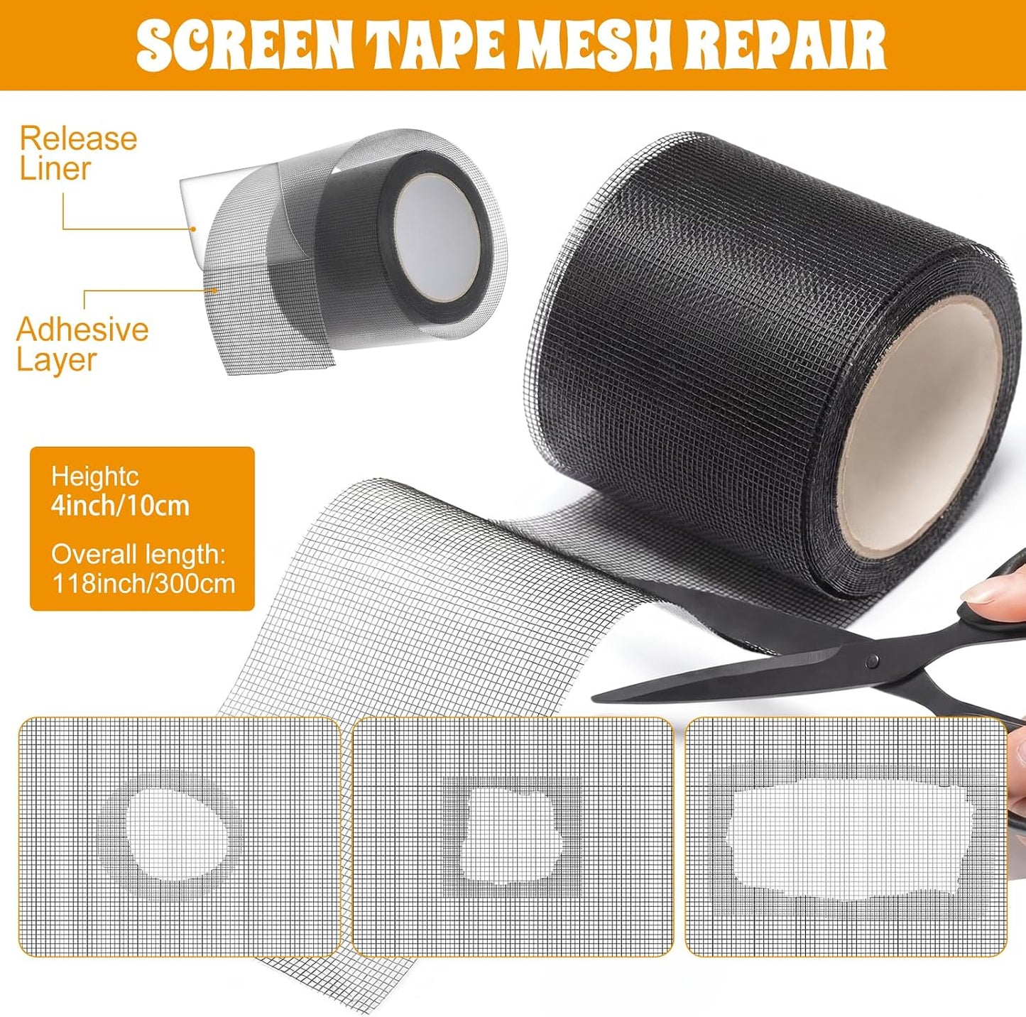 18 Pcs 48"x118" Window Screen Repair Kit Included 2 Rolls Fiberglass Mesh 4"x30ft Screen Repair Tape 8 Clips with Spline, Double Wheel Roller, Hook, Measuring Tape, and Cutter for Door Window