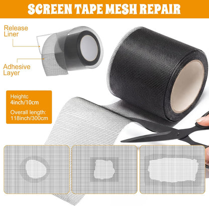 18 Pcs 48"x118" Window Screen Repair Kit Included 2 Rolls Fiberglass Mesh 4"x30ft Screen Repair Tape 8 Clips with Spline, Double Wheel Roller, Hook, Measuring Tape, and Cutter for Door Window