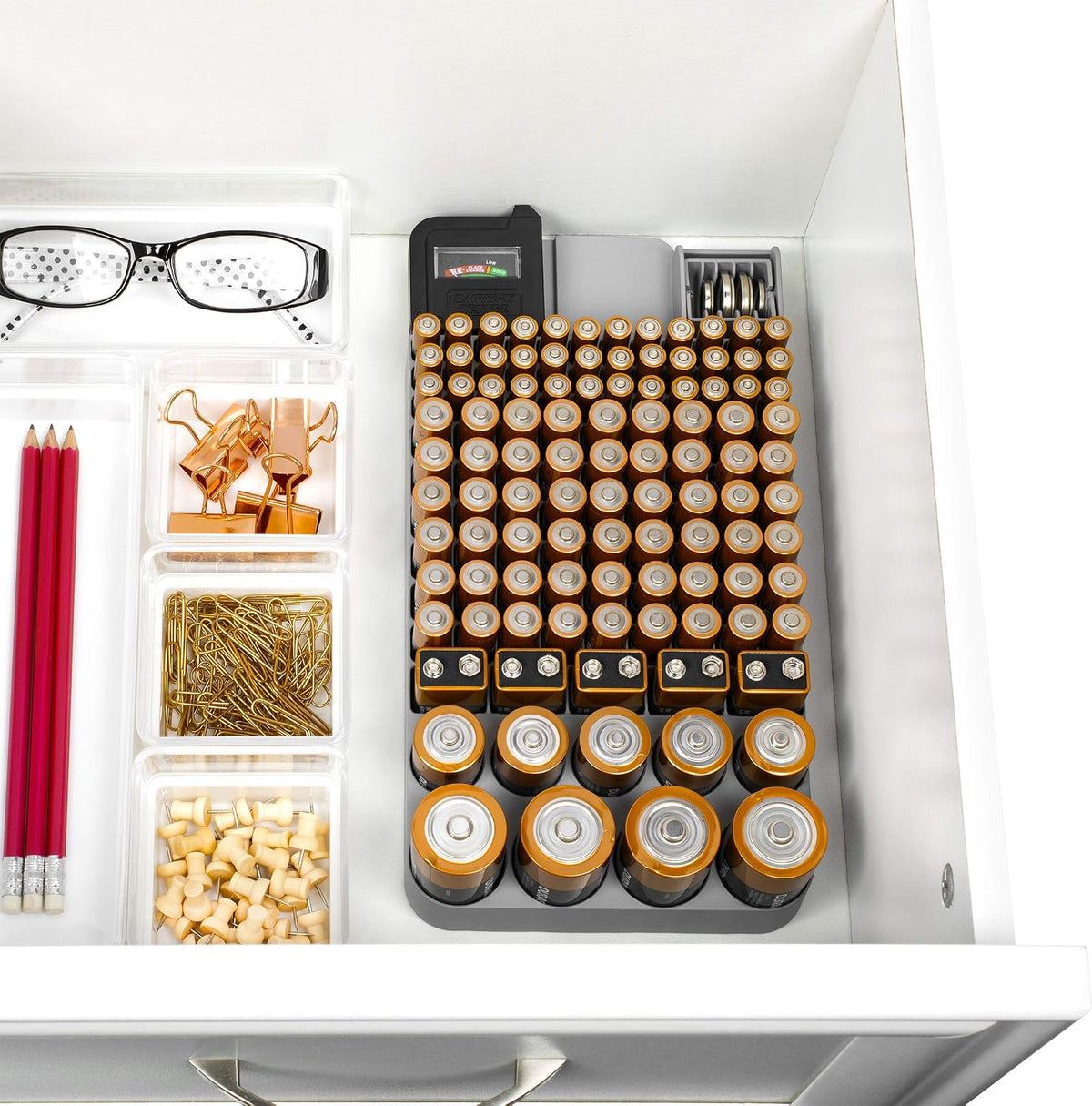 Richards Battery Organizer with Energy Tester, Holds 109 Batteries of Different Sizes for AAA, AA, 9V, C, D, and Button Battery