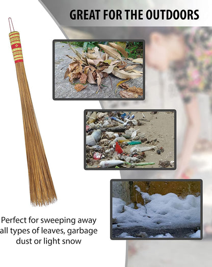 32 inch Multi-Surface Sturdy Outdoor Authentic Coconut Leaf Broom Asian Heavy Duty Broom Thai Natural Coconut Leaf Broom (Country Rustic) 1 Piece (2 piece)