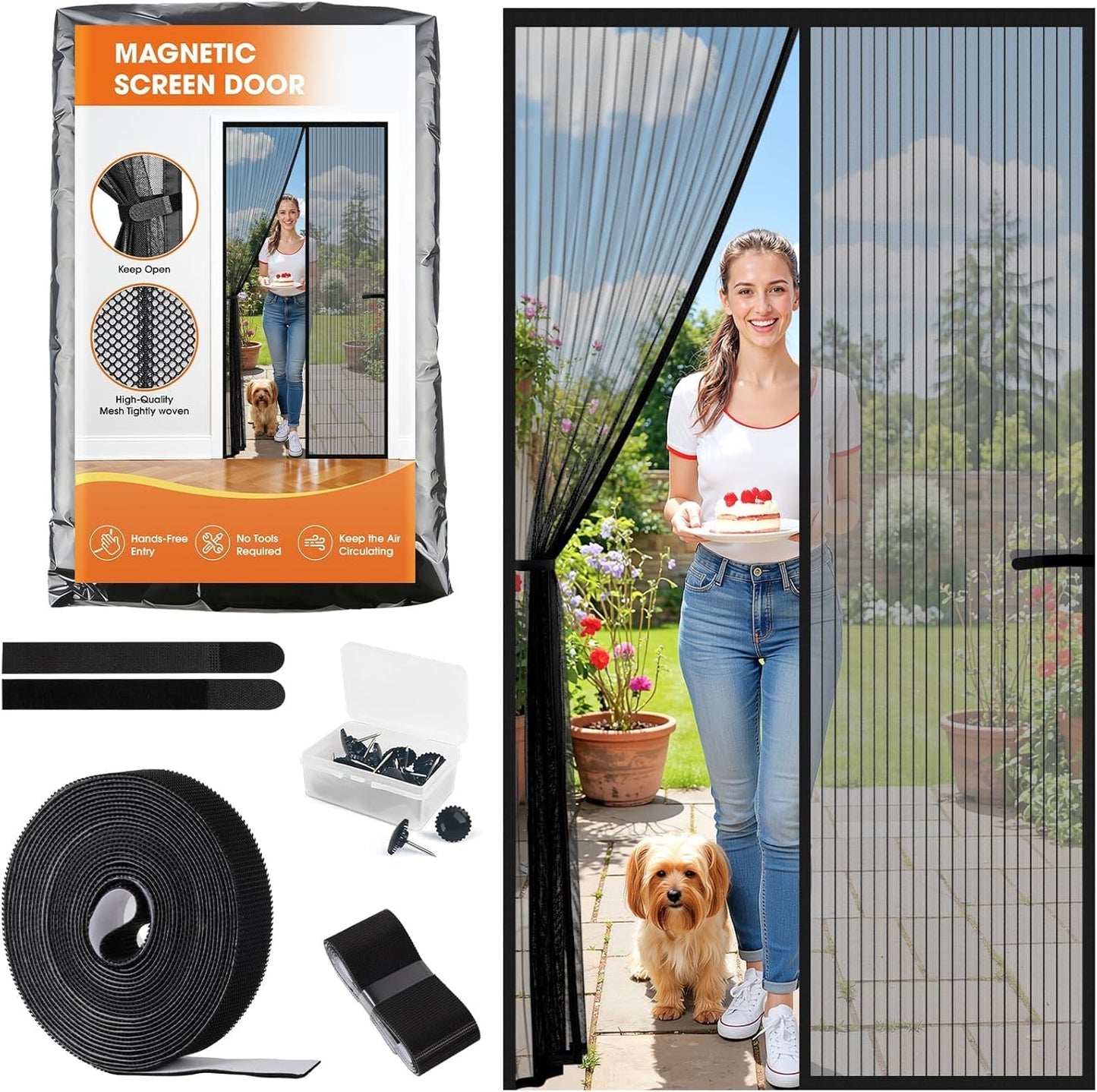 Magnetic Screen Door, Screen Door Mesh, Heavy-Duty Mesh Curtain, Door Net Keep Bugs Out, Hands Free Partition, Screen Size 38” × 83”, Fits 36” × 82” Doors, Pet & Kid Friendly, Black