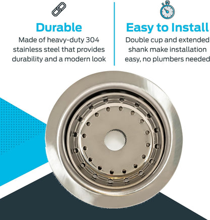 EZ-FLO Double Cup Kitchen Sink Drain Assembly, Sink Strainer fits 3-1/2 inch to 4 inch Opening, 1-7/8 inch Extended Shank, Stainless Steel, 30019