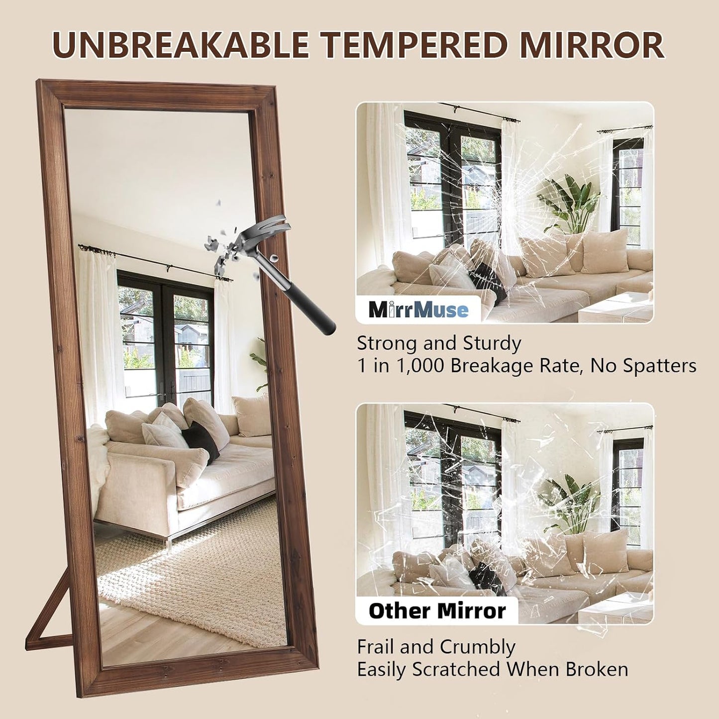 Rustic Standing Full Length Mirror Wood Frame, 56"X21" Farmhouse Floor Mirror for Bedroom Living Room Entryway, Hanging or Leaning Wall-Mounted Full Body Mirror, Tempered Glass, White