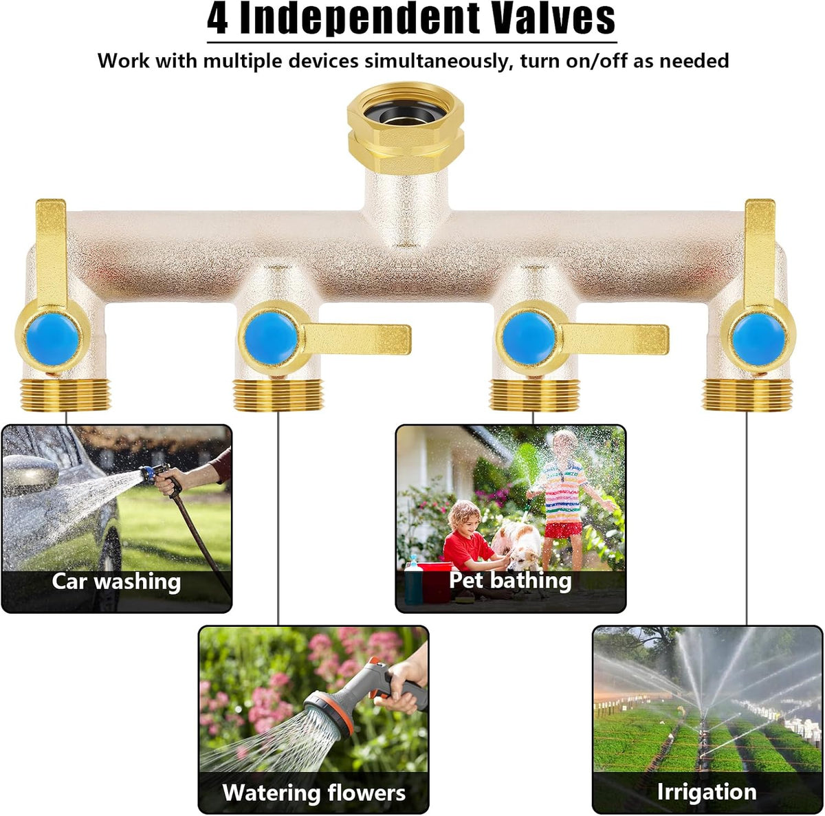 Upgraded Brass Garden Hose Splitter, 3/4" Hose Splitter 2 Way Heavy Duty with Extension Handles, Outdoor Faucet Splitter Water Spigot Splitter with Individual On/Off Valve