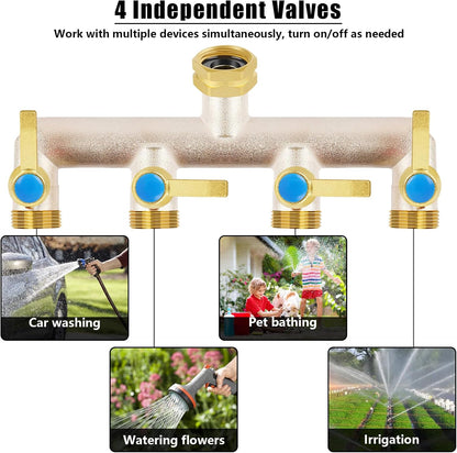 Upgraded Brass Garden Hose Splitter, 3/4" Hose Splitter 2 Way Heavy Duty with Extension Handles, Outdoor Faucet Splitter Water Spigot Splitter with Individual On/Off Valve