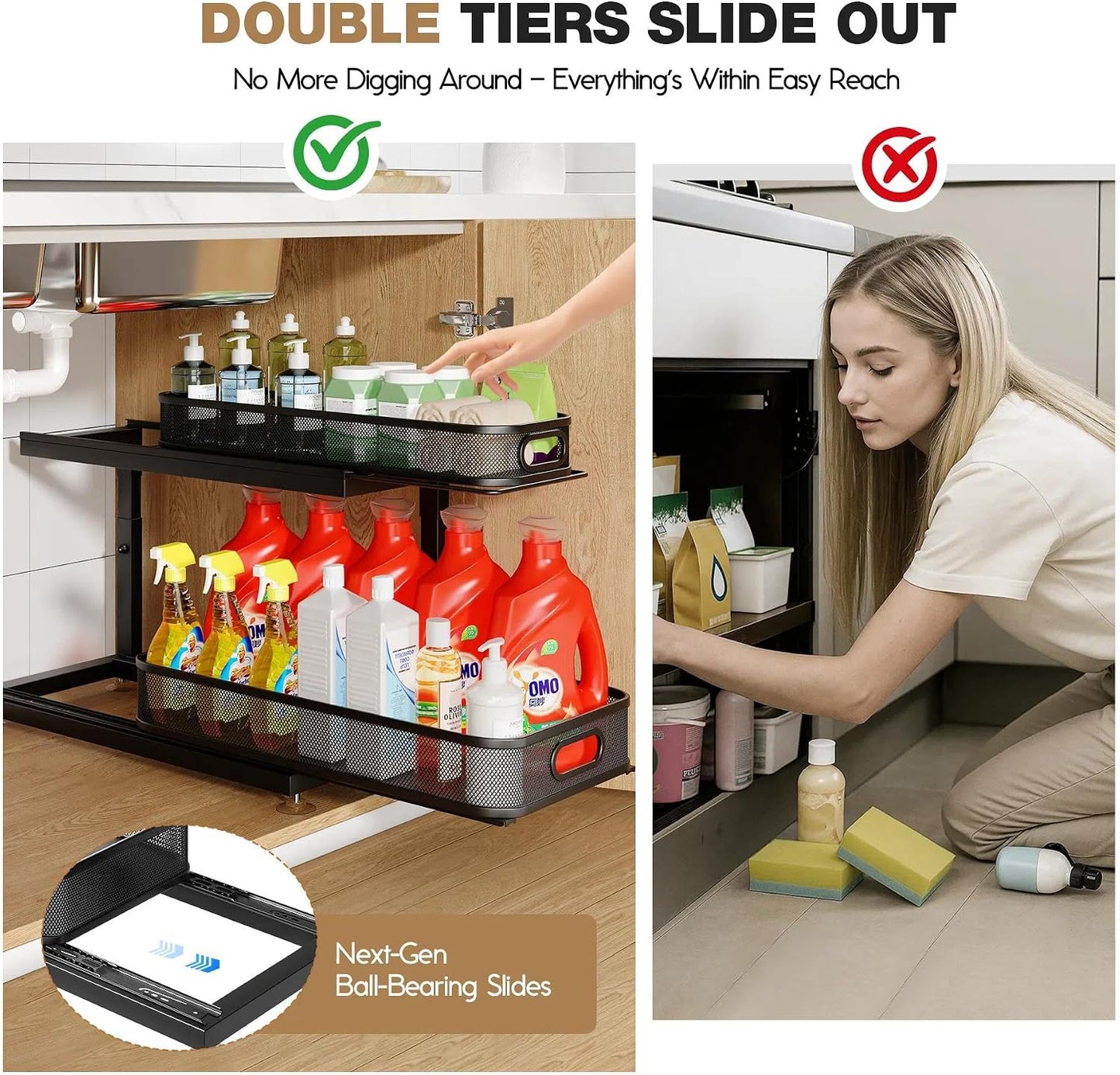 2-Pack Under Sink Storage Organizer with 2-Tier Slide Out Drawer, Sophisticated Mesh Pull Out Shelf for Kitchen & Bathroom, Fits Small Items, Upgraded Arched Track for Smooth Gliding(Patented)