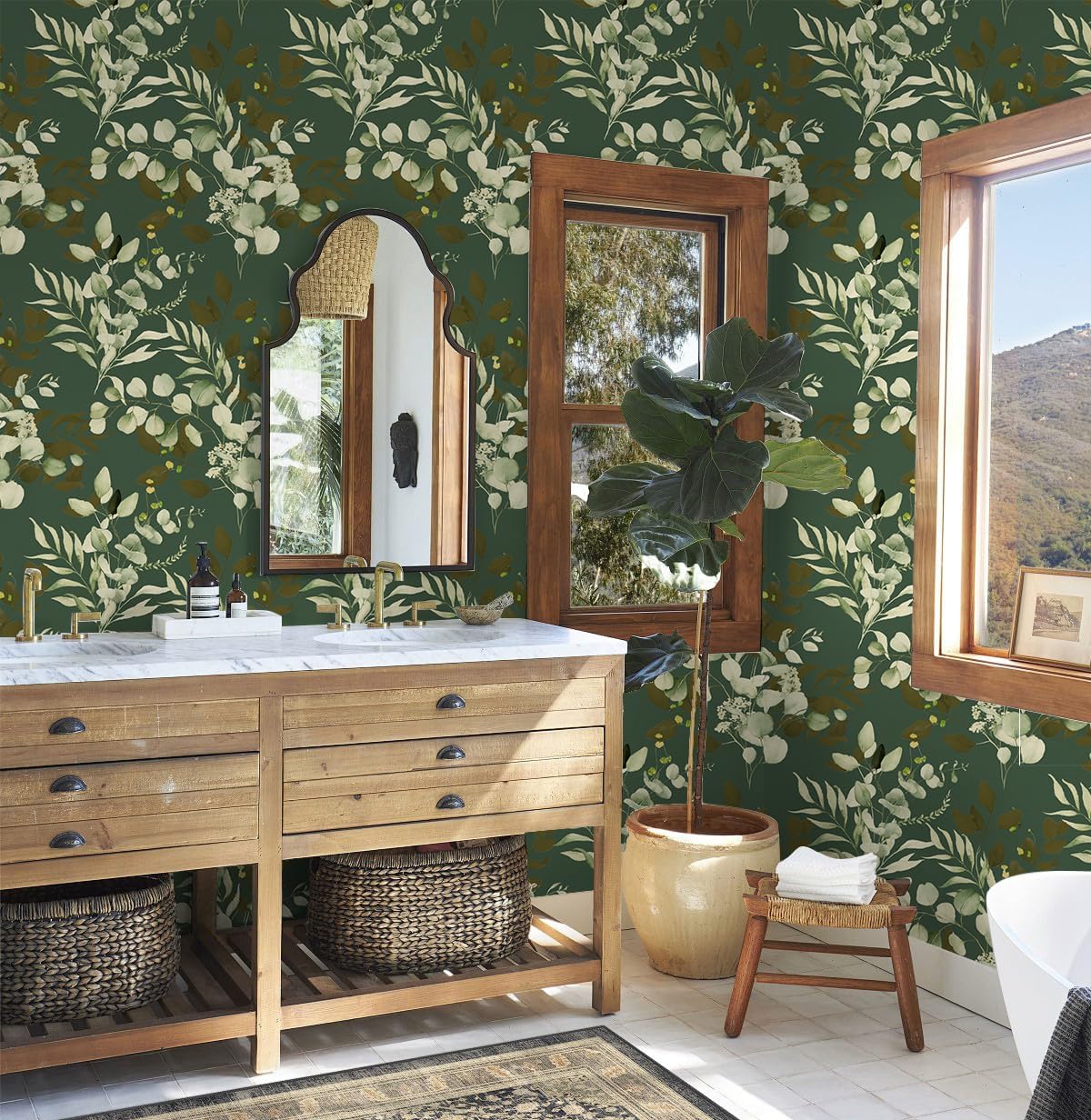 HAOKHOME Peel and Stick Wallpaper Boho Green/White Botanical Leaf Floral Wall Mural Home Nursery Decor Renter Friendly Wallpaper 17.3in x 9.8ft