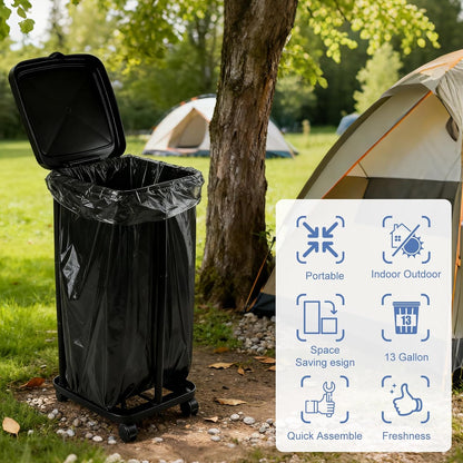 Collapsible Trash Bag Holder Portable Garbage Bin Holder Stand for Kitchen Outside High Capacity Plastic Outdoor Trash Can with Lid for Parties and Camping, Black