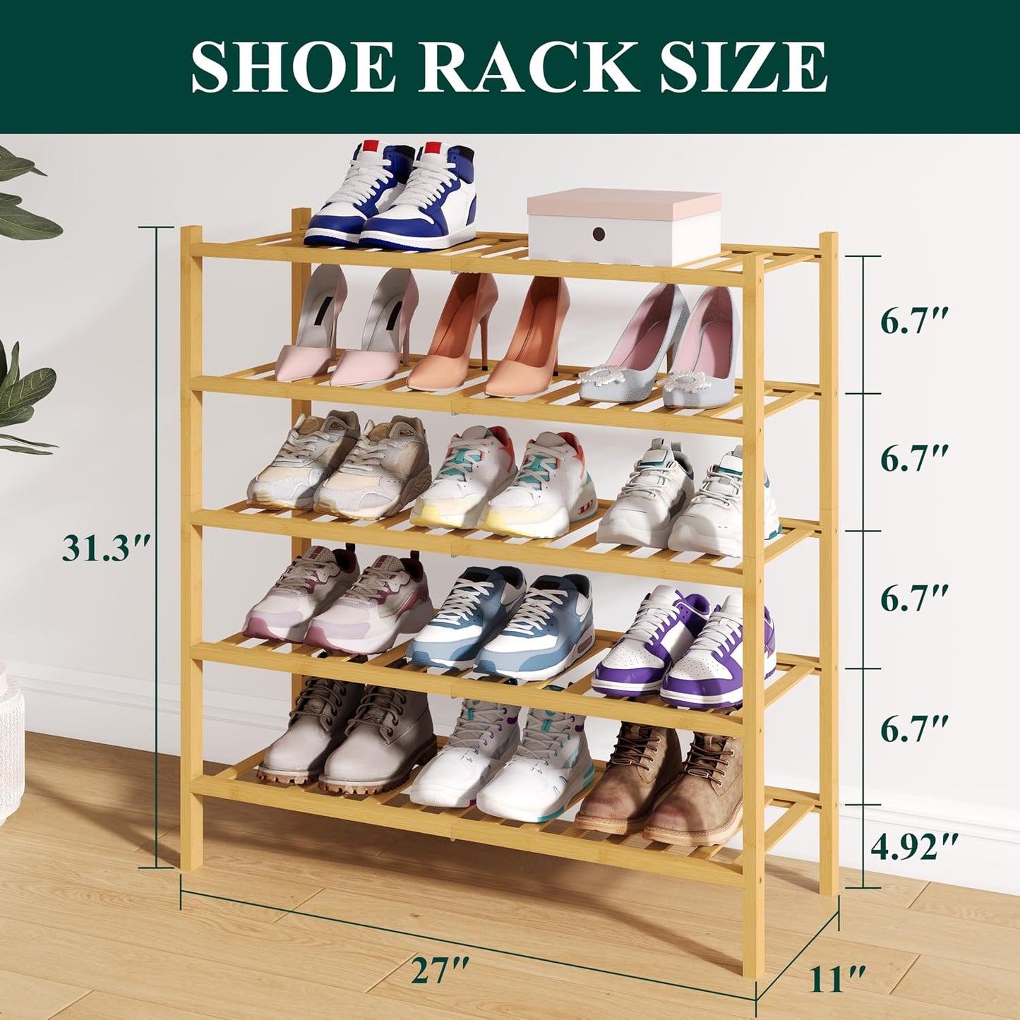 Smiry Bamboo Shoe Rack for Closet, 3 Tier Wooden Shoe Organizer, Stackable Wood Shoe Storage Shelf for Entryway, 14 Vertical Slats, One-piece Heavy-Duty Legs, 26.77"x11.02"x18.31", Natural