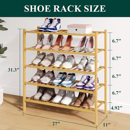 Smiry Bamboo Shoe Rack for Closet, 3 Tier Wooden Shoe Organizer, Stackable Wood Shoe Storage Shelf for Entryway, 14 Vertical Slats, One-piece Heavy-Duty Legs, 26.77"x11.02"x18.31", Natural
