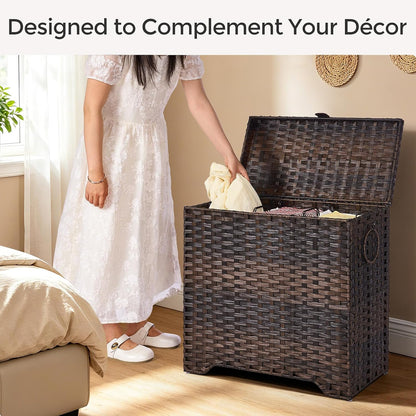130L Laundry Hamper with Lid, 3 Section Laundry Hamper with 3 Removable Liner Bags, Large Wicker Laundry Basket with 4 Mesh Laundry Bags, Clothes Hamper for Laundry Room, Bedroom, Bathroom