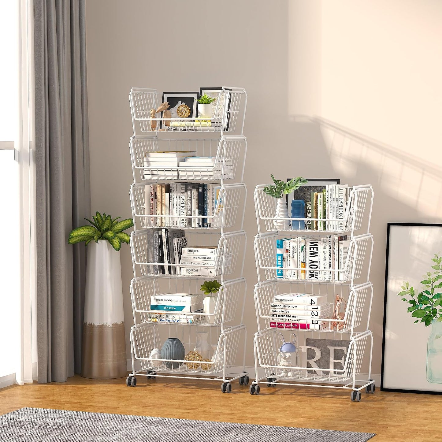 PUSDON 6-Tier Tall Stackable Wire Storage Baskets with Wheels, Vertical Metal Rolling Utility Cart, High Capacity Produce Basket for Kitchen Pantry, Snack Organizer, Matte Black