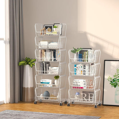 PUSDON 6-Tier Tall Stackable Wire Storage Baskets with Wheels, Vertical Metal Rolling Utility Cart, High Capacity Produce Basket for Kitchen Pantry, Snack Organizer, Matte Black