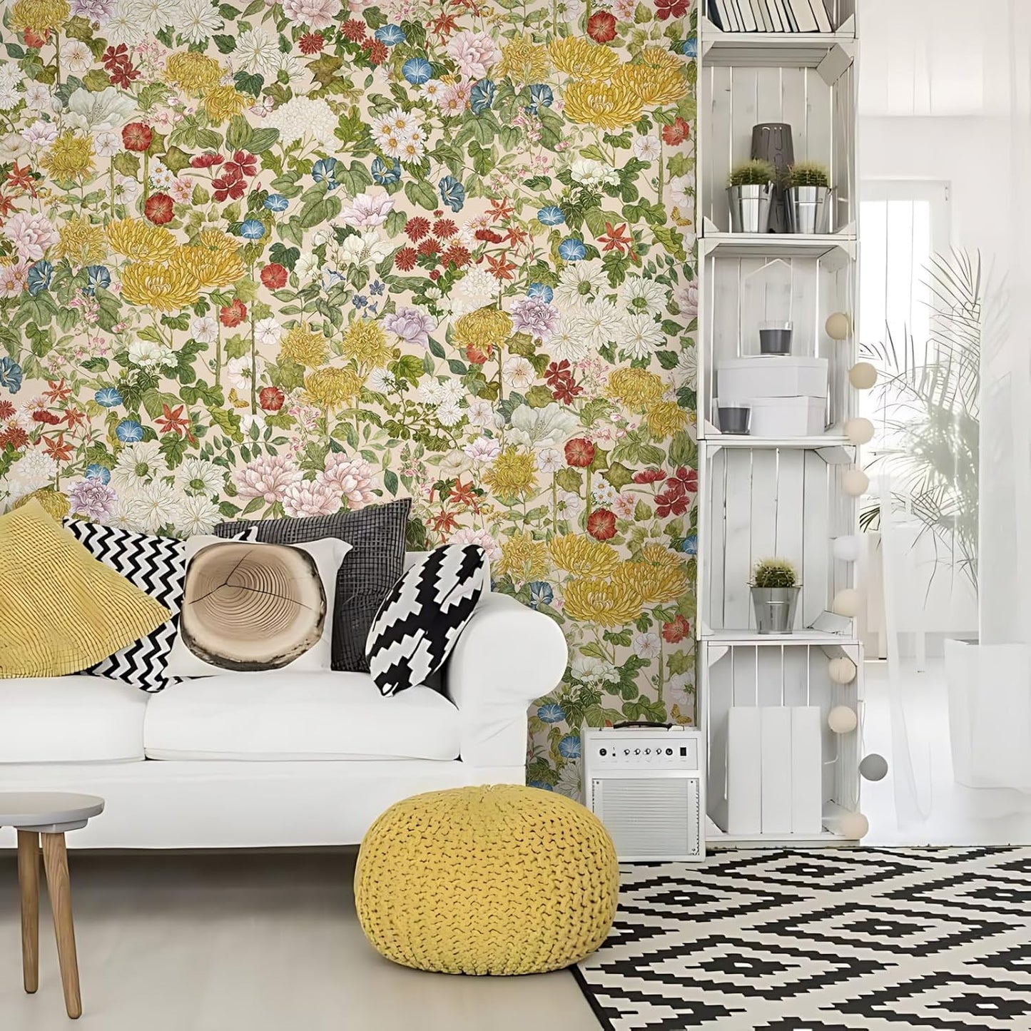 Wallpaper Peel and Stick Floral Wall Paper Removable Waterproof Navy/Pink/Orange Contact Paper for Bedroom, Bathroom,Bathroom, Home Wall 17.3" x 118"