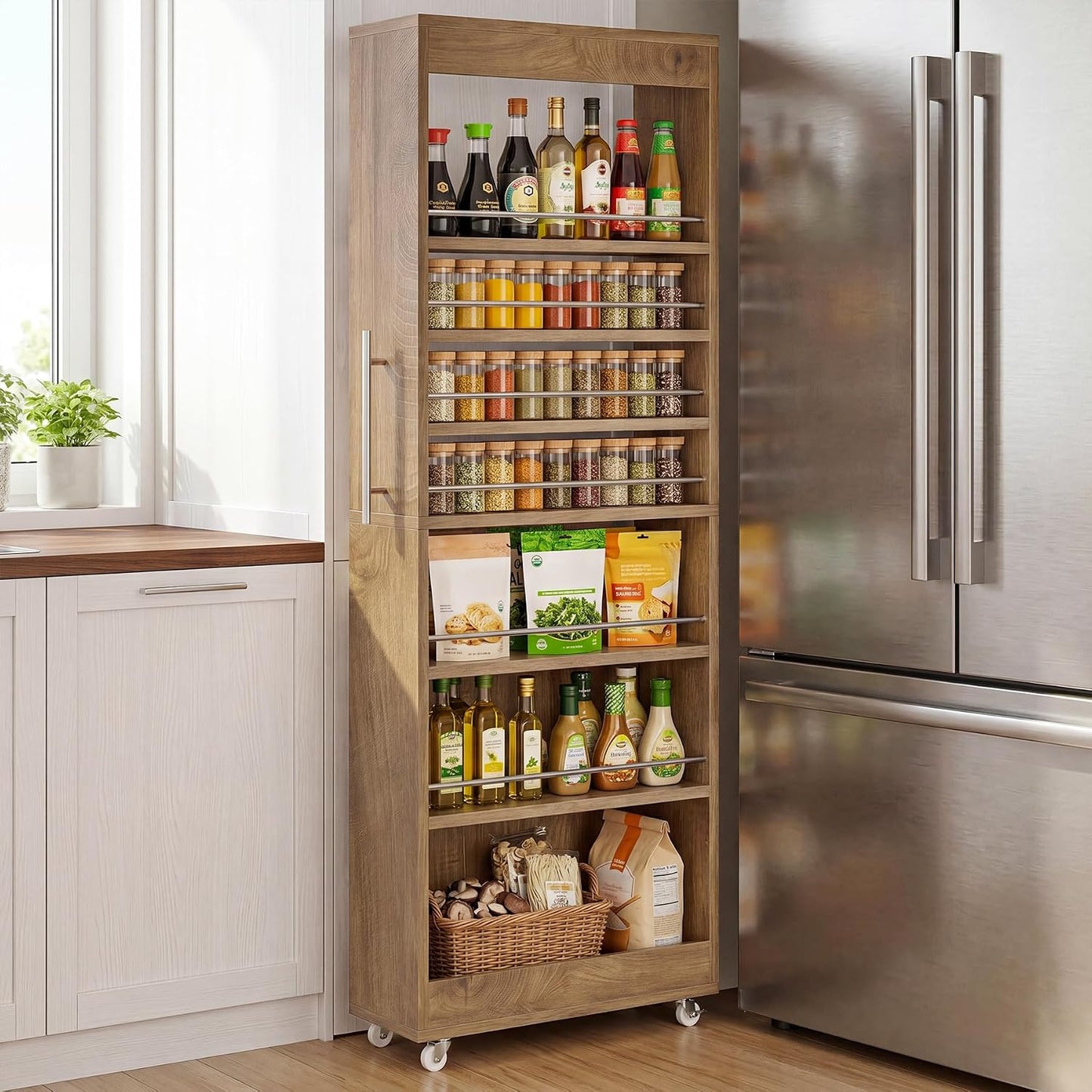 Tribesigns 73" Tall Slim Storage Cart on Wheels, 7-Tier Narrow Pantry Cabinet, Rolling Skinny Spice Rack Organizer Next to Fridge, Wooden Pull-Out Storage Shelf for Kitchen Small Spaces, White