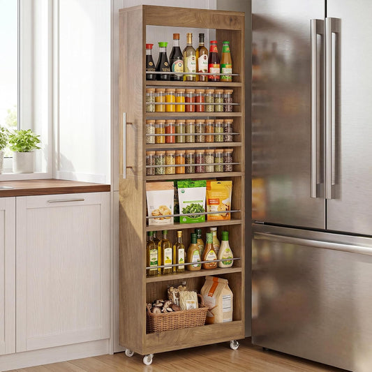 Tribesigns 73" Tall Slim Storage Cart on Wheels, 7-Tier Narrow Pantry Cabinet, Rolling Skinny Spice Rack Organizer Next to Fridge, Wooden Pull-Out Storage Shelf for Kitchen Small Spaces, White