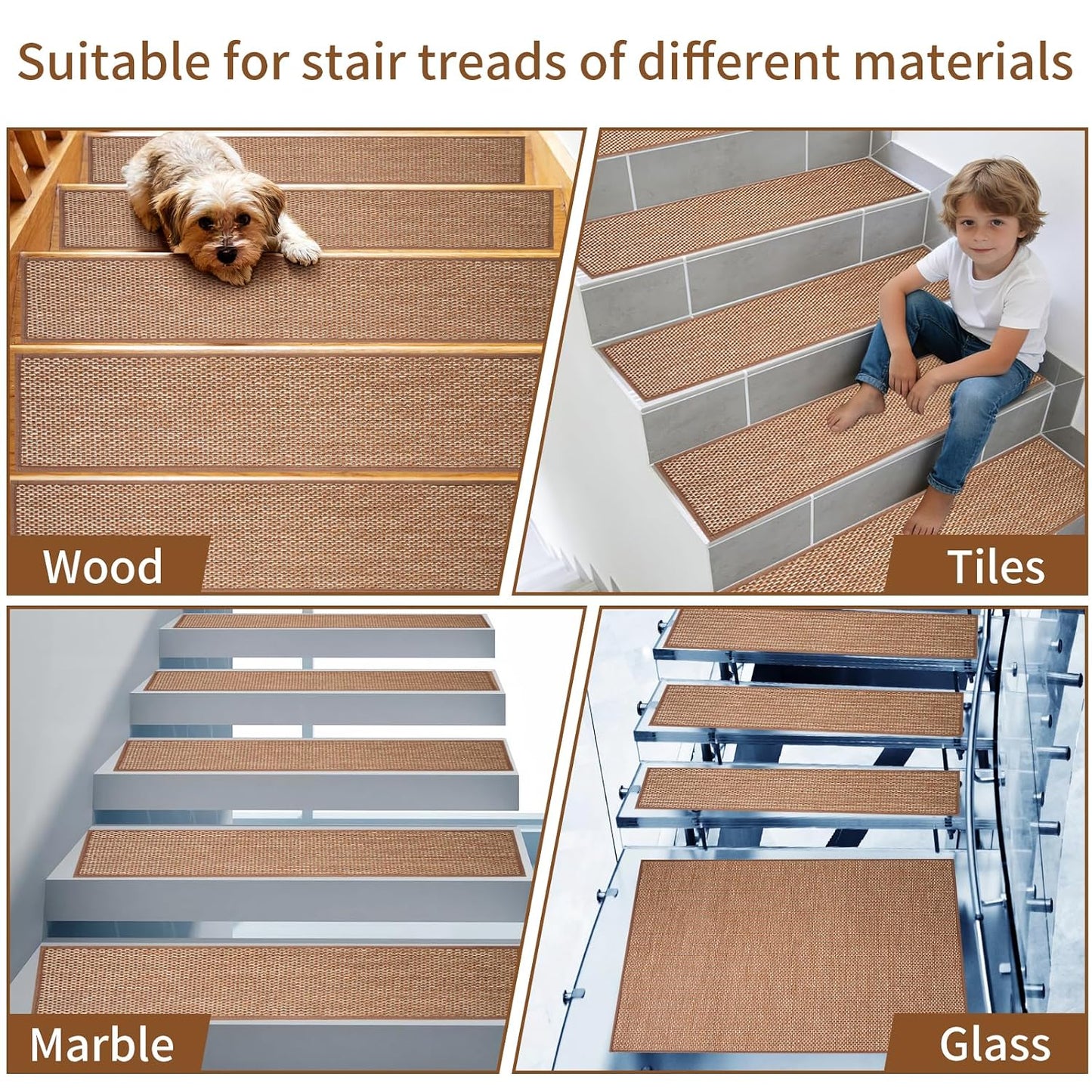 Carpet Stairs Runner for Wood Stairs, 30"x 30",Reusable Washable Self-Stick Stair Treads, for Indoor Steps, Non Slip for Kids Elders and Pets Stair Mats Residue Free, Beige 1-Pack