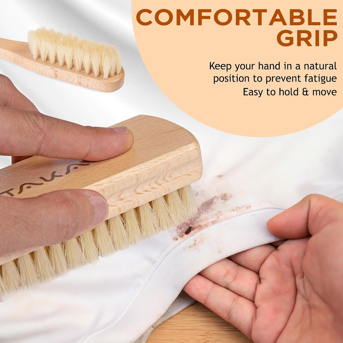 TAKAVU Laundry Brush Set, Soft Boar Bristle, Gentle on Delicate Fabrics | Stain Scrub Brush for Clothes, Upholstery, Delicate Knits, Cotton & Linen, Washable Spot & Garment Care Cleaner