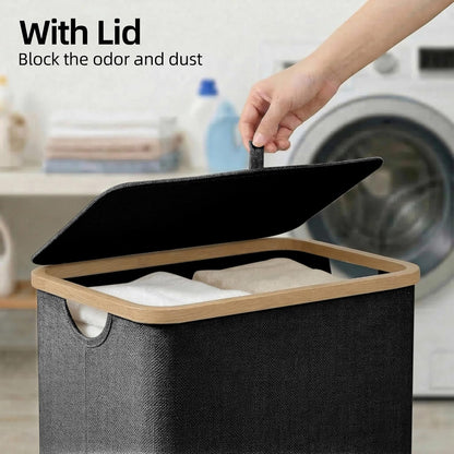efluky Slim Laundry Basket with Lid, Narrow Laundry Hamper with Removable Bag, Skinny Dirty Clothes Basket with Bamboo Handles for Bathroom, Bedroom & Laundry Room, 75L Beige