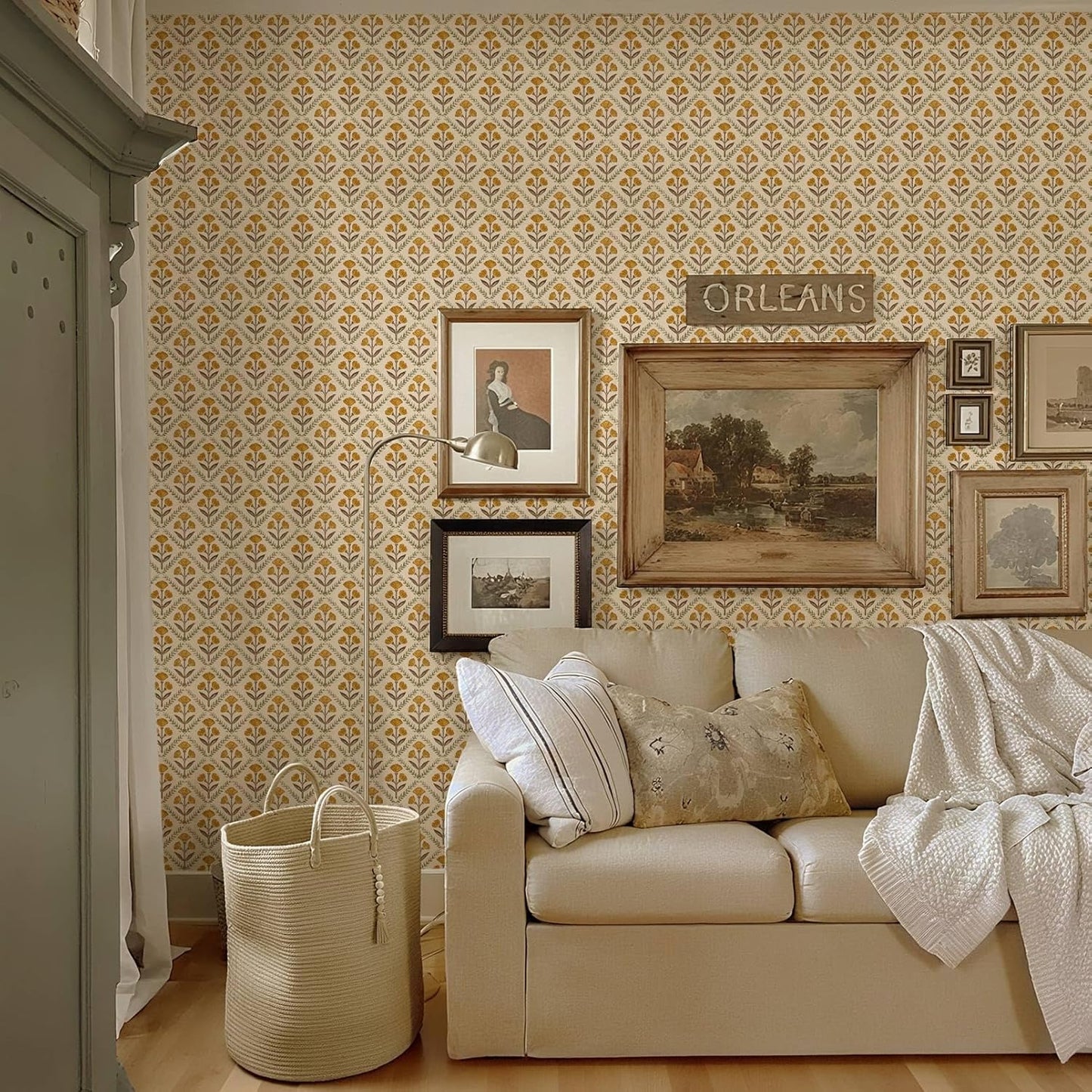 Dimoon 17.3''x78.7'' Peel and Stick Wallpaper Floral Cute Contact Paper Vintage Village Country Cottage Wallpaper Farmhouse Yellow Beige Renter Friendly Geometry Waterproof Embossed Kitchen Bedroom