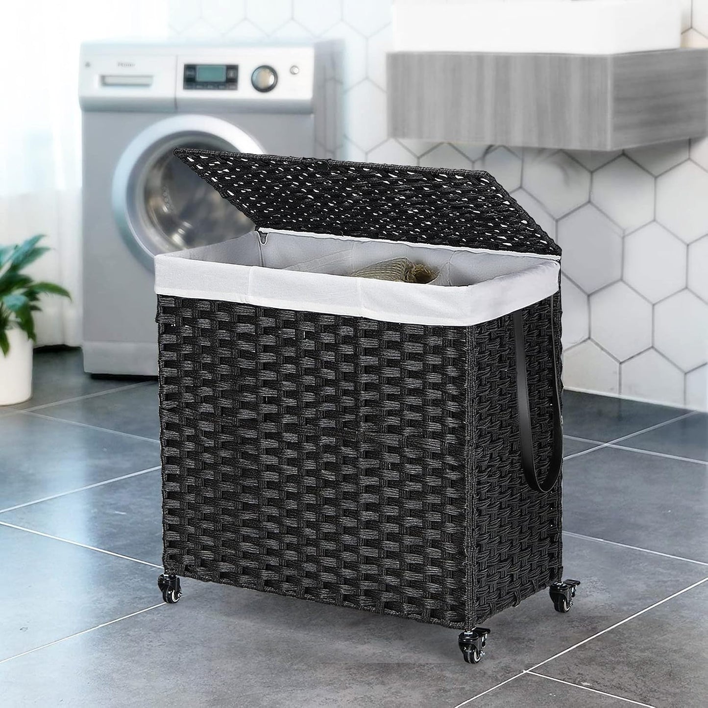 Giantex Laundry Hamper w/Wheels, 3 Section Hamper 125L w/2 Removable Liner Bags, Handwoven Rattan Divided Laundry Basket w/Lid and Handle for Laundry Sorter for Bathroom Bedroom (Brown)