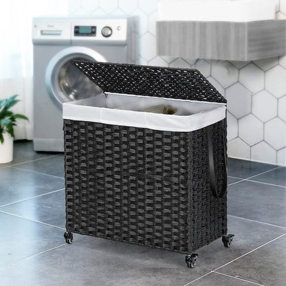 Giantex Laundry Hamper w/Wheels, 3 Section Hamper 125L w/2 Removable Liner Bags, Handwoven Rattan Divided Laundry Basket w/Lid and Handle for Laundry Sorter for Bathroom Bedroom (Brown)